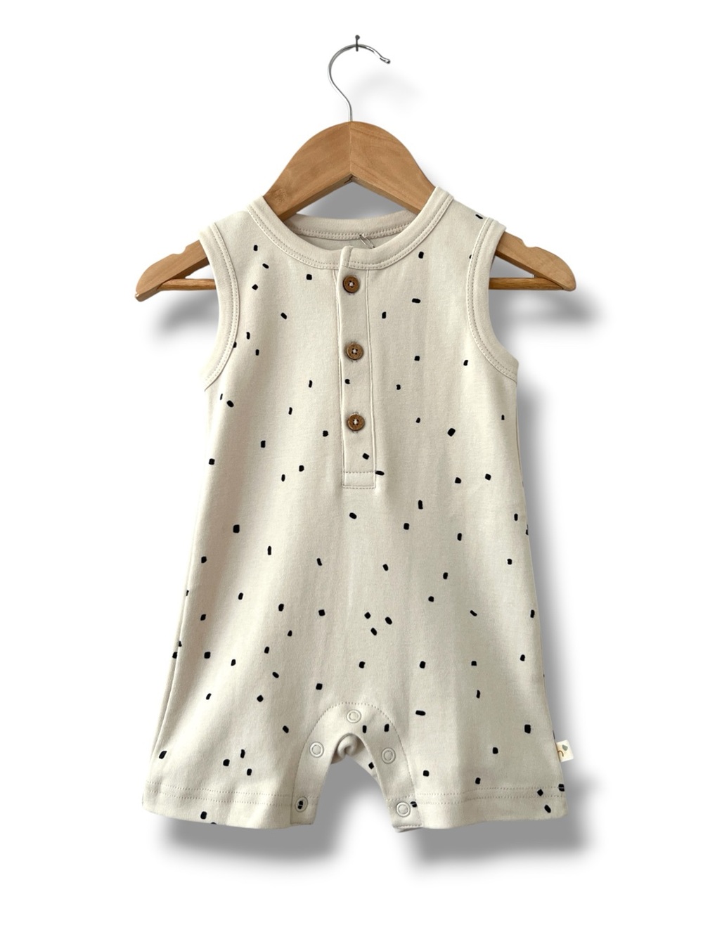 Makemake Organics Romper 12-18M Ivory Black Organic Cotton Button NWT